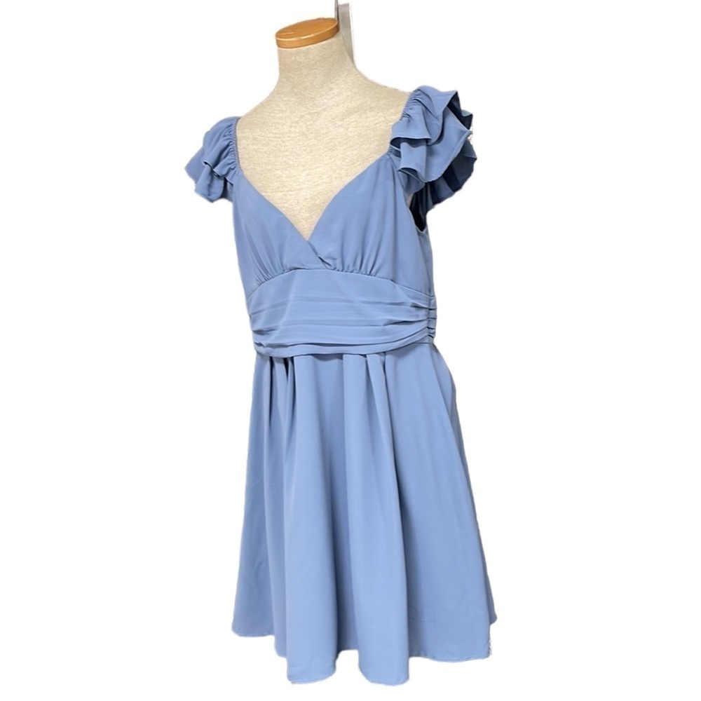 Mint Choco Blue Ruffle Sleeve V-Neck Mini Dress NWT Open Back Size Large L - Picture 3 of 17
